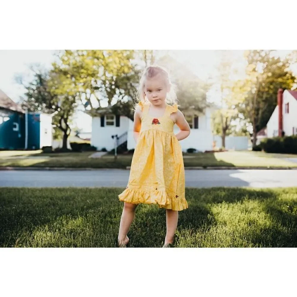 Handmade Boutique Childs Belle Yellow Marbled Sweetheart Bodice Embroidered Rose